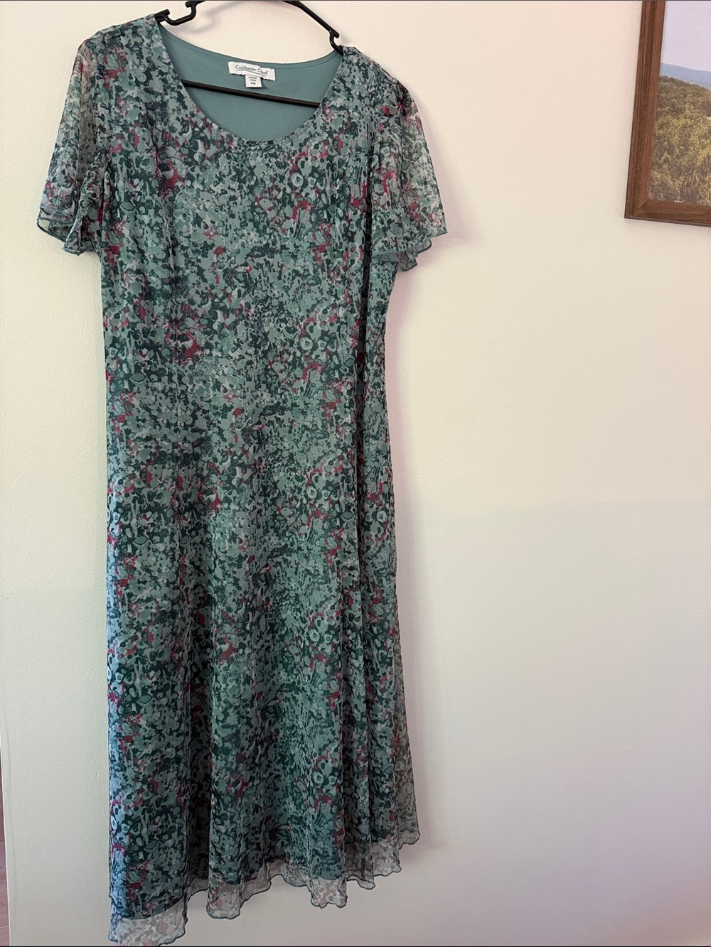 Coldwater Creek Teal Floral Midi Dress with Pink Accents